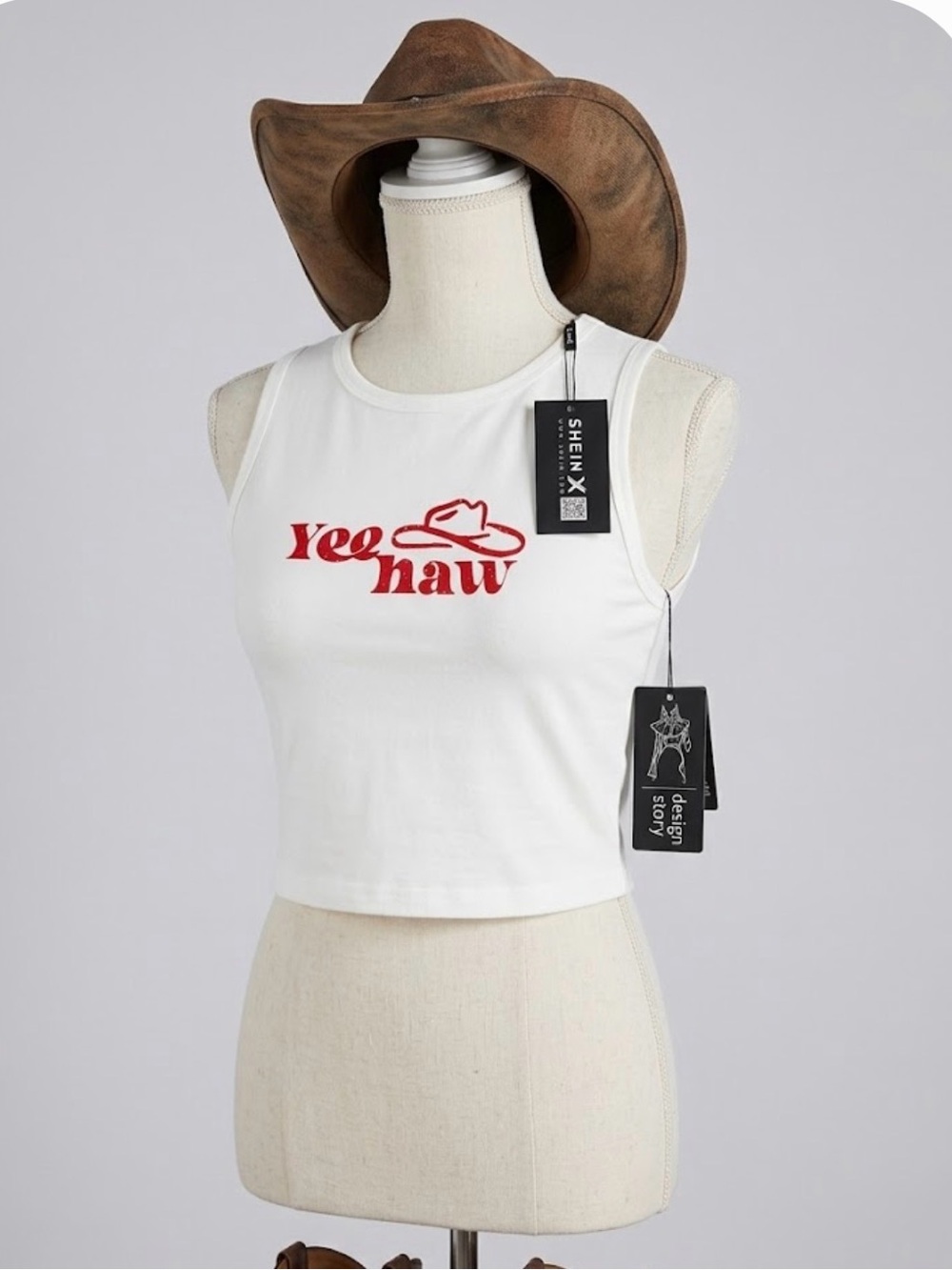 SHEIN White Crop Tank with Red 'Yee Haw' Cowboy Graphic